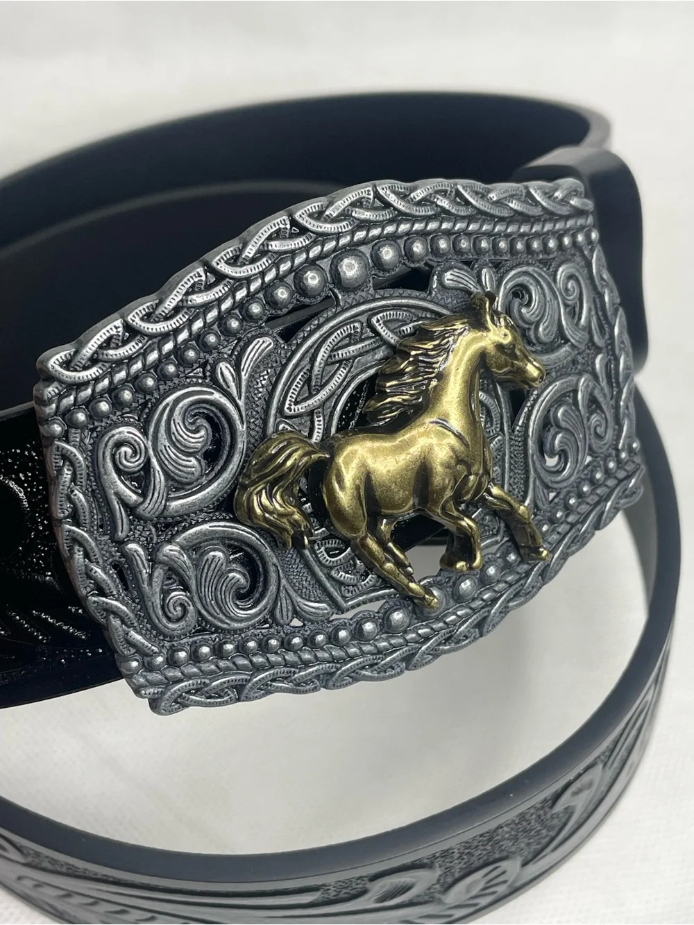 Vintage Western Tooled Big Buckle Belt Size 34 Black Etched Leather Silver Gold